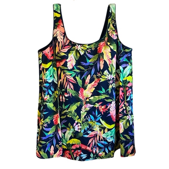 Lands End Scoop Neck Mini Swim Dress Swimsuit Tropical Navy Palm Print UPF50 2X - Picture 2 of 9